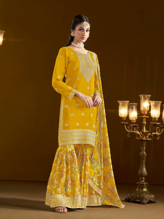 Yellow Color Beautiful Designer Printed Palazzo Dress With Embroidery Work For Pretty Graceful Wedding Looks