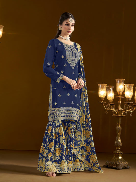 Blue Color Beautiful Designer Printed Palazzo Dress With Embroidery Work For Pretty Graceful Wedding Looks