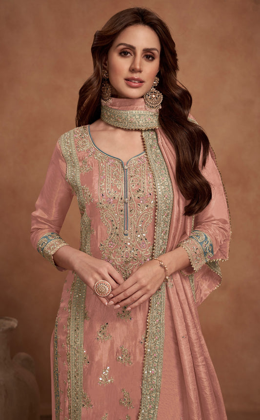 Heavy Work Beautifully Embroidered Vichitra Silk Peach Color Ethnic Palazzo Dress