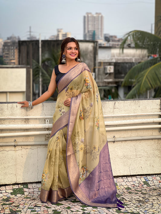 Mustard Color Crush Tissue Fabric Glamorous Wevon Designer Saree With Floral Printed Body