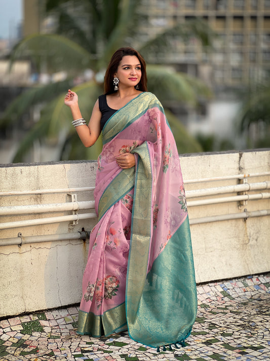 Pink Color Crush Tissue Fabric Glamorous Wevon Designer Saree With Floral Printed Body