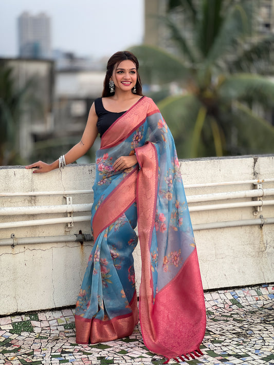 Blue Color Crush Tissue Fabric Glamorous Wevon Designer Saree With Floral Printed Body