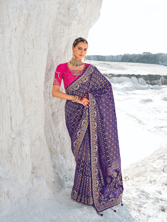 Purple Bandhani Patola Printed Saree With Embroidery Work With Two Blouses