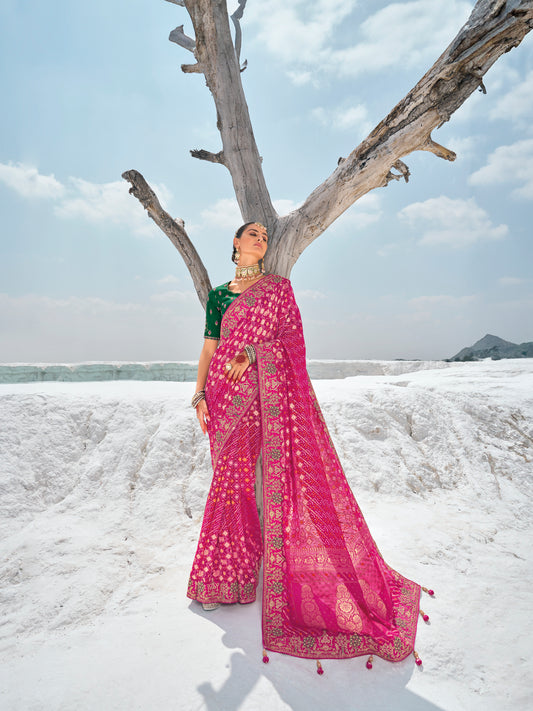 Pink Bandhani Patola Printed Saree With Embroidery Work With Two Blouses