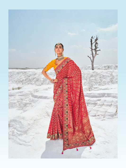 Red Bandhani Patola Printed Saree With Embroidery Work With Two Blouses