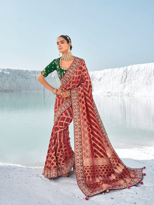 Deep Red Bandhani Patola Printed Saree With Embroidery Work With Two Blouses