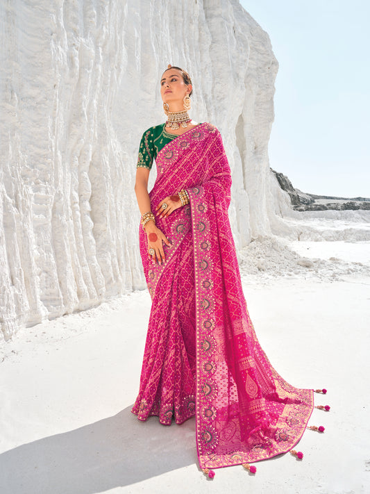 Bright Pink Bandhani Patola Printed Saree With Embroidery Work With Two Blouses