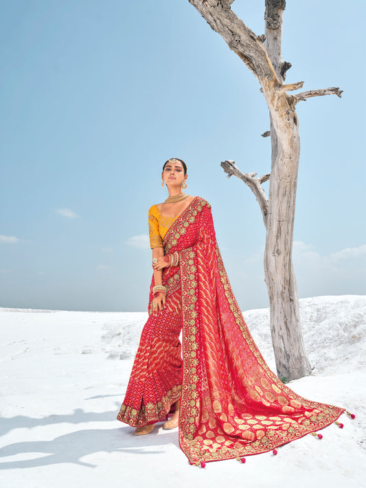 Bright Red  Patola Printed Saree With Embroidery Work With Two Blouses