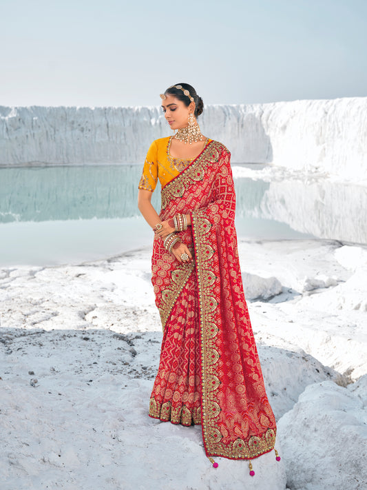 Red Bandhani Patola Zari  Printed Saree With Embroidery Work With Two Blouses