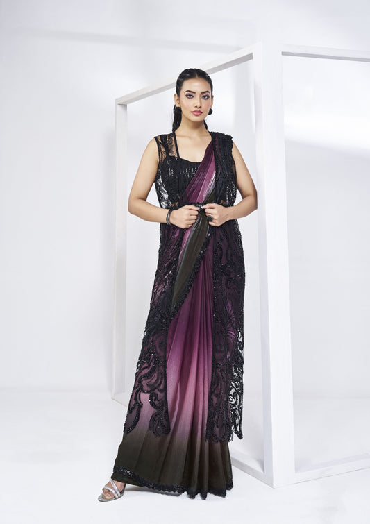 Wine Ready To Wear Saree hand Work Saree