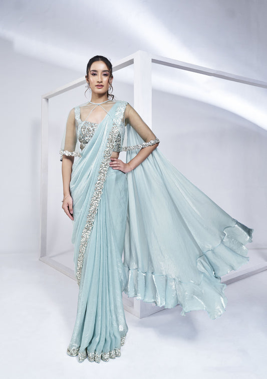 Aqua Blue Ready To Wear Saree hand Work Saree