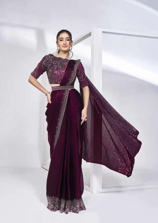 Deep Wine Ready To Wear Saree hand Work Saree