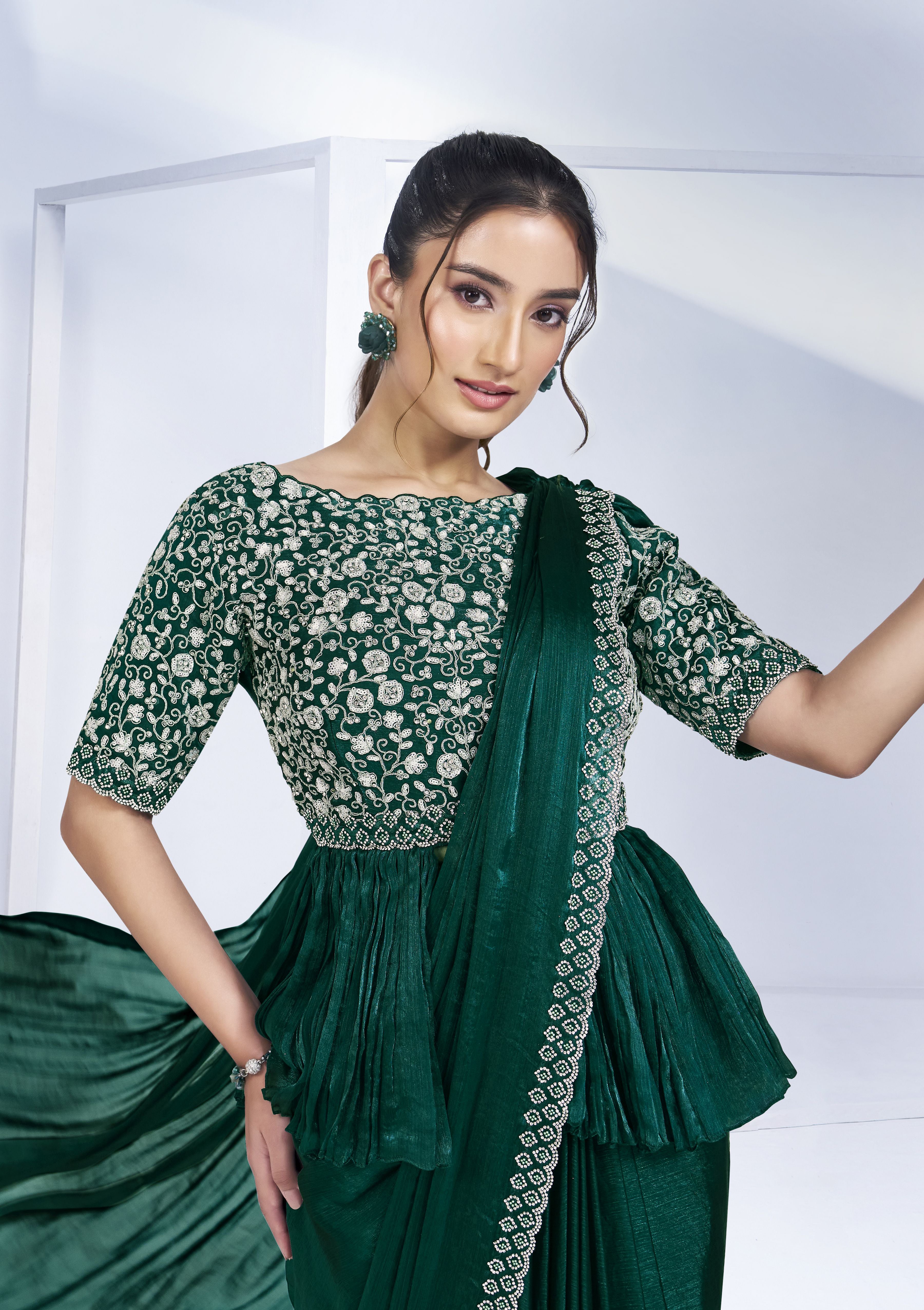 Green Ready To Wear Saree hand Work Saree