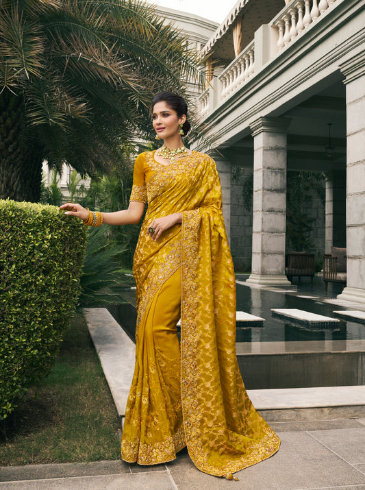 Mustard  Weaving Zari Designer Saree With Embroidery Work