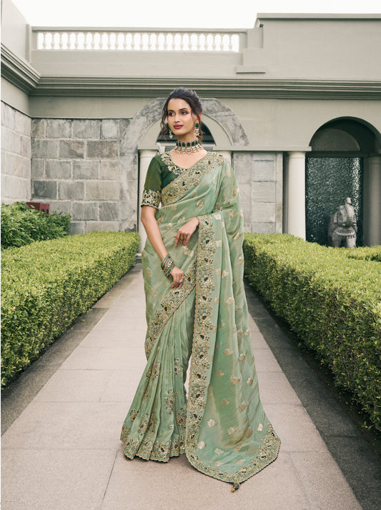 Green  Weaving Zari Designer Saree With Embroidery Work