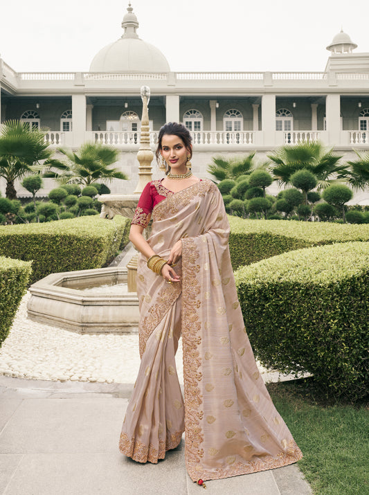 Beige  Weaving Zari Designer Saree With Embroidery Work