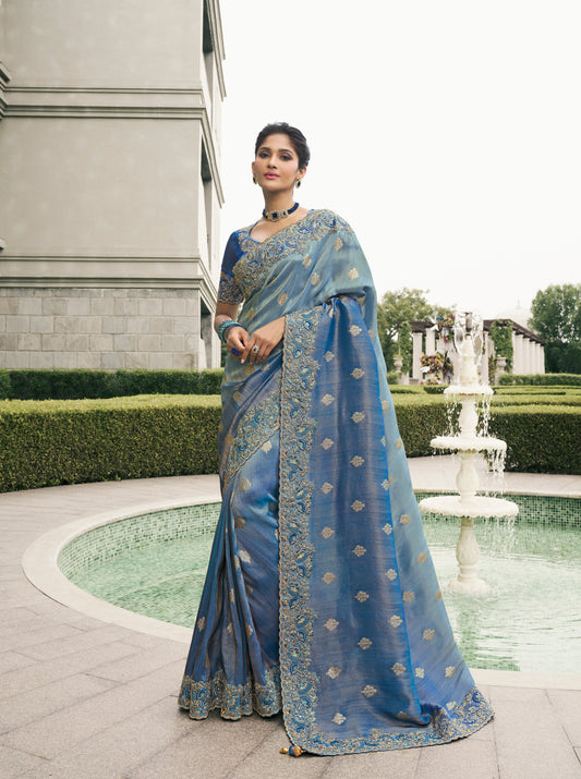 Navy Blue Weaving Zari Designer Saree With Embroidery Work