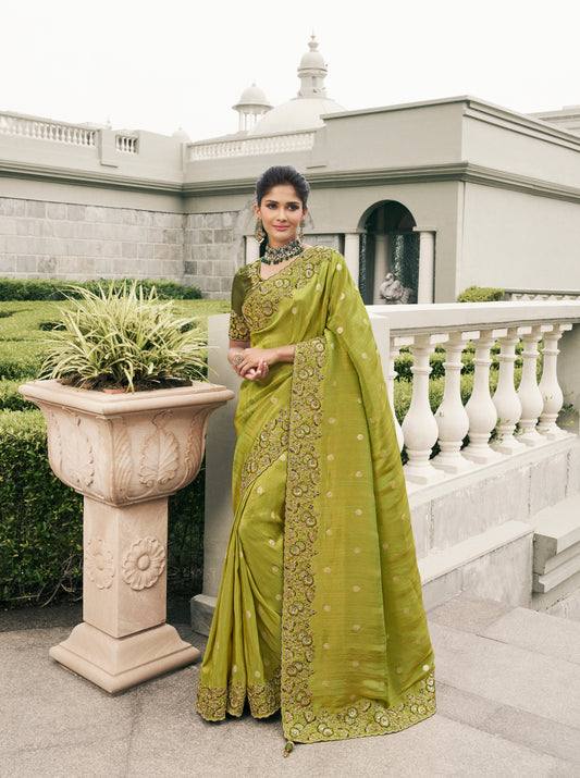 Bright Green Weaving Zari Designer Saree With Embroidery Work