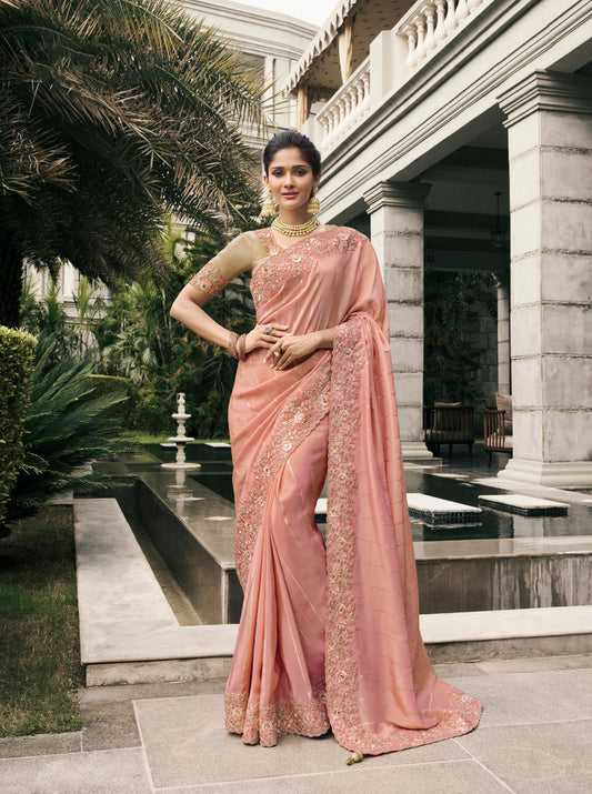 Peach Weaving Zari Designer Saree With Embroidery Work