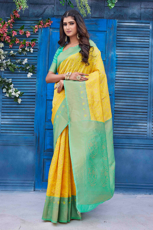 Yellow Color Glamorous Wevon Jacquard Designer Silk Blend Wedding Season Saree