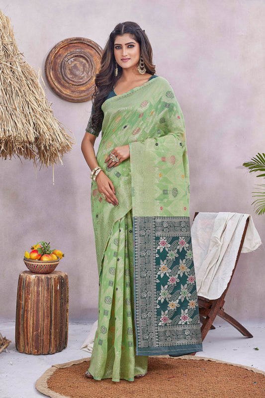 Pista Color Glamorous Wevon Jacquard Designer Silk Blend Wedding Season Saree