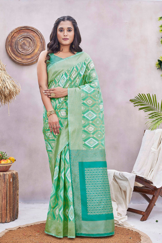 Pista Color Glamorous Wevon Jacquard Designer Silk Blend Wedding Season Saree