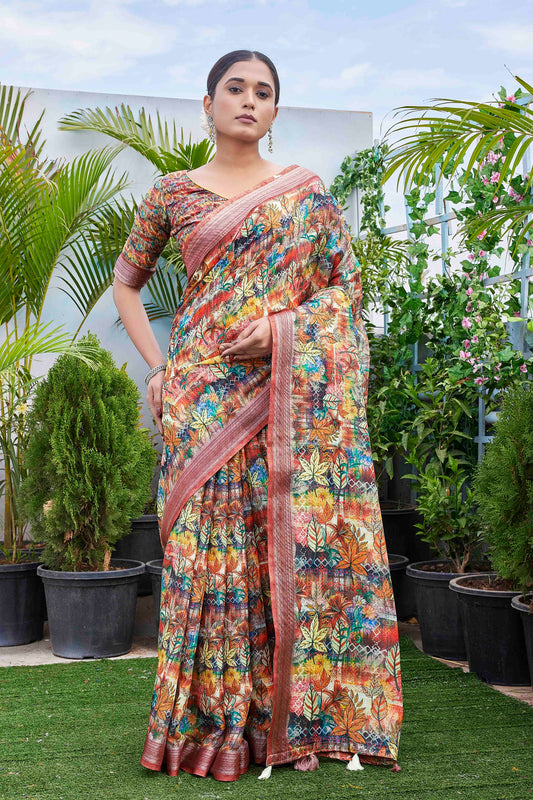 Multy Color Beautiful Fashinove Looks Smart Printed Linen Blend Saree