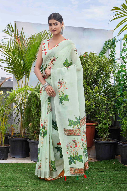 Pista Color Beautiful Fashinove Looks Smart Printed Linen Blend Saree