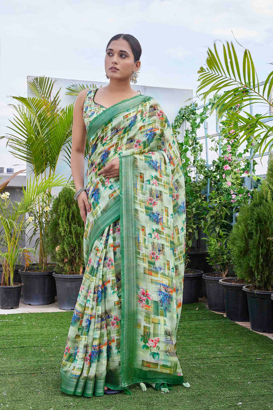 Pista Color Beautiful Fashinove Looks Smart Printed Linen Blend Saree