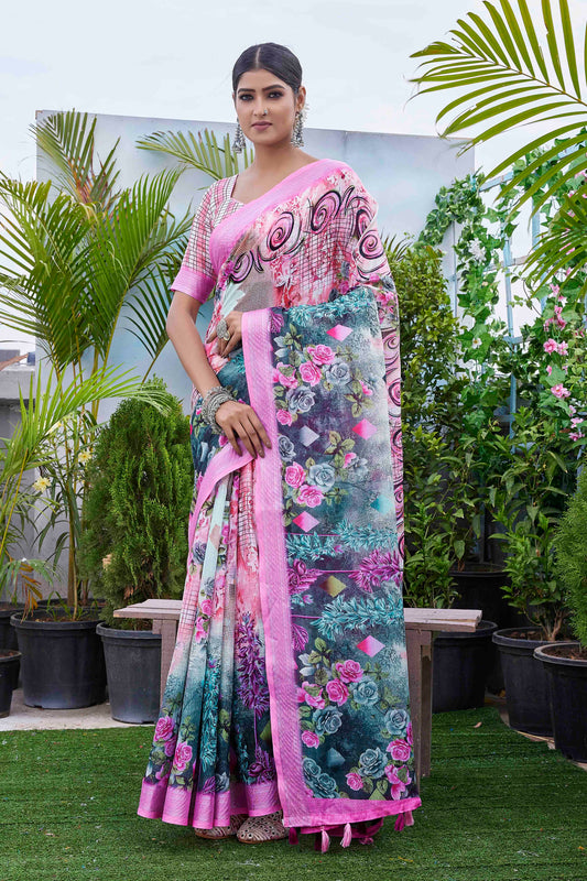 Pink Color Beautiful Fashinove Looks Smart Printed Linen Blend Saree