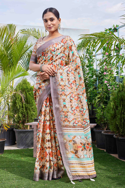 Beige Color Beautiful Fashinove Looks Smart Printed Linen Blend Saree