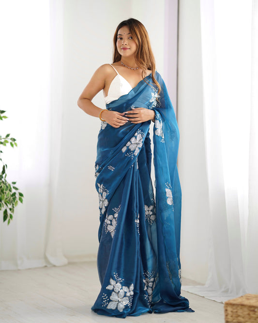 Blue Color Bollywood Style Designer Sequance Embroidery Work Jimmy Choo Saree