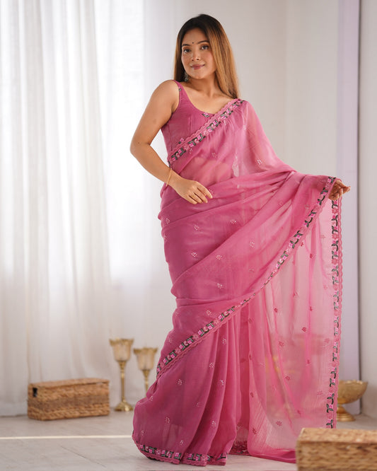 Pink Pixel Silk Thread And Sequins Embroidery Work Partywear Girlie Saree