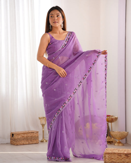 Purple Pixel Silk Thread And Sequins Embroidery Work Partywear Girlie Saree