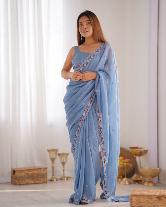 Sky Blue Pixel Silk Thread And Sequins Embroidery Work Partywear Girlie Saree