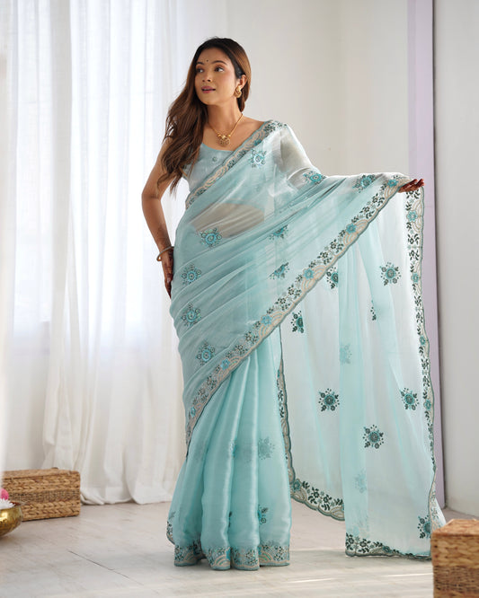 Sky Blue Color Burburry  Fabric With Coding With Sequins Embroidery Work For Graceful Wedding Looks