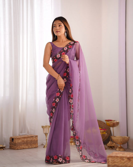 Lavender Color Gold Crush Fabric Multy Thread Embroidery Work Saree For Party Looks