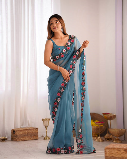 Sky Blue Color Gold Crush Fabric Multy Thread Embroidery Work Saree For Party Looks