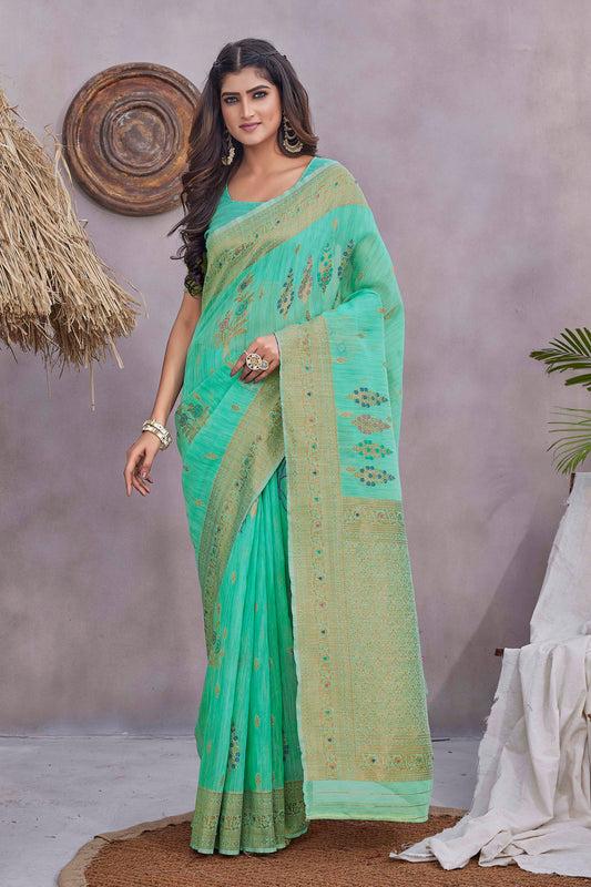 Sea Green Color Wevon Jacquard Designer Linen Fabric Graceful Saree