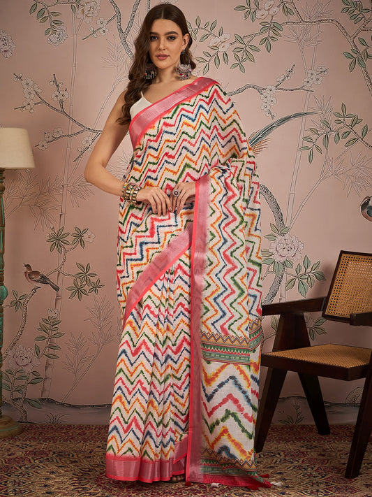 Off White Color Digital Printed Designer Linen Fabric Graceful Saree