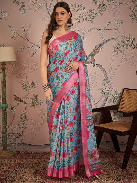 Sea Green Color Digital Printed Designer Linen Fabric Graceful Saree