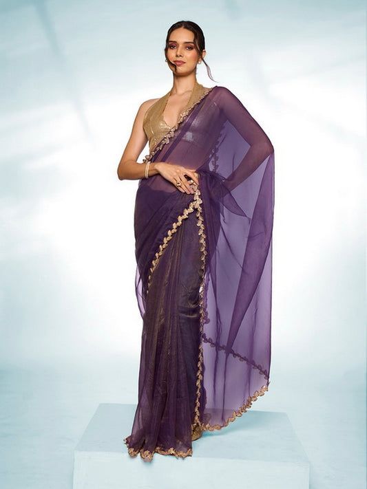 Glamorous Purple Color Tissue Fabric Trendy Designer Bollywood Saree