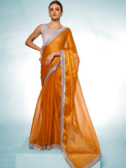 Glamorous Musterd Color Burburry Fabric Trendy Designer Bollywood Saree