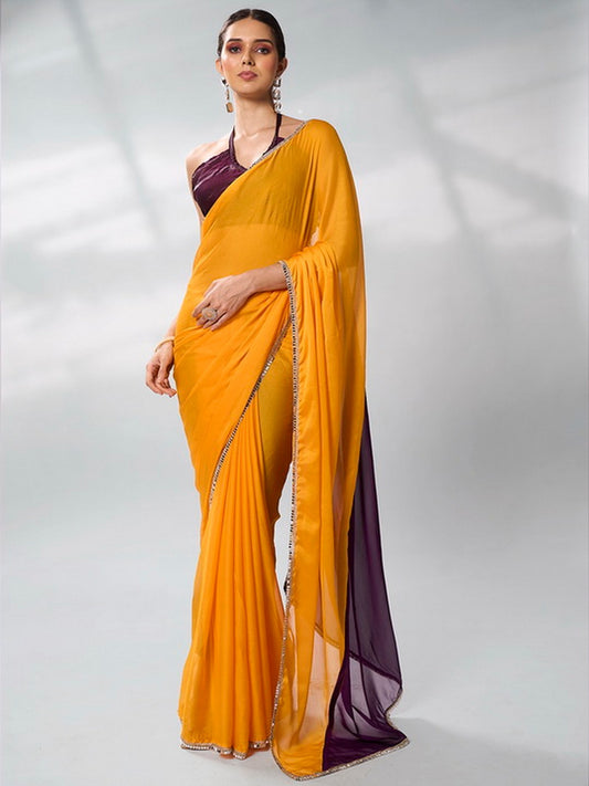 Glamorous Yellow Color Georgette Fabric Trendy Designer Bollywood Saree