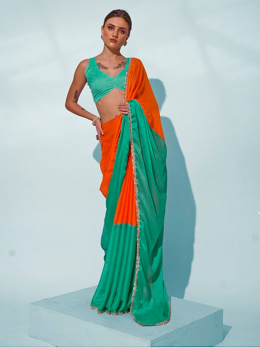 Glamorous Sea Green Color Georgette Fabric Trendy Designer Bollywood Saree