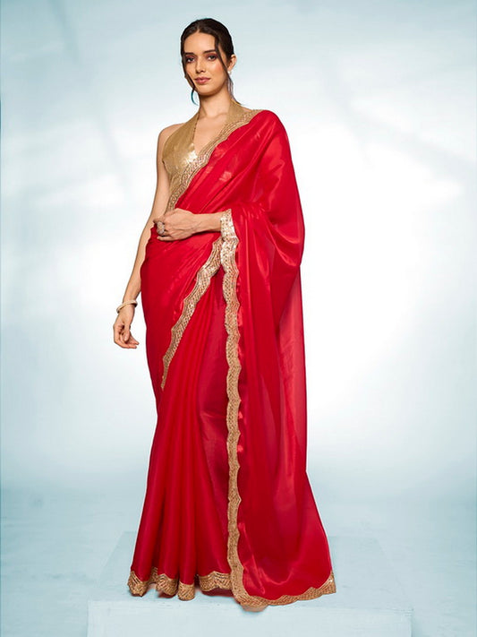 Glamorous Red Color Jimmy Choo Fabric Trendy Designer Bollywood Saree