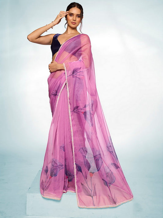 Purple Color Organza Fabric Designer Printed Graceful Bollywood Style Party Saree