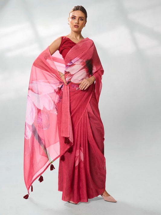 Burgundy Color Organza Fabric Designer Printed Graceful Bollywood Style Party Saree