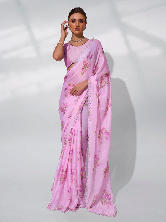 Pink Color Satin Shimmer Fabric  Designer Printed Graceful Bollywood Style Party Saree