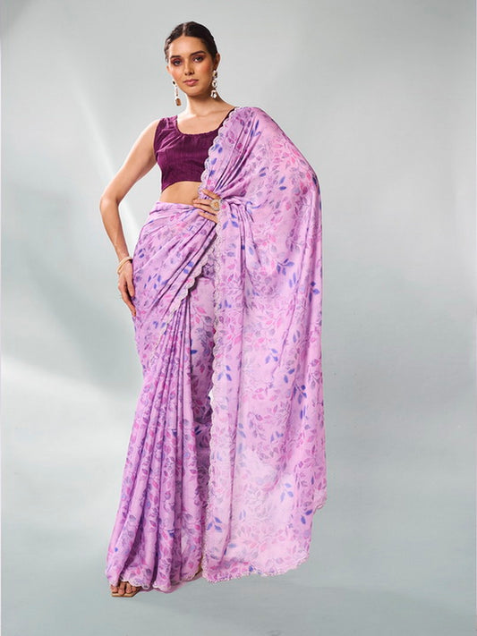 Lavender Color Satin Georgette Fabric  Designer Printed Graceful Bollywood Style Party Saree